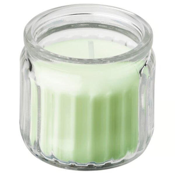 LÖVSKOGSLUND Scented candle in glass, Apple/light green, 12 hr