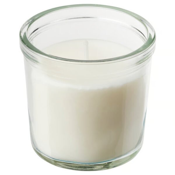 JÄMLIK Scented candle in glass, Vanilla/light beige, 20 hr