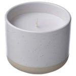 JÄMLIK Scented candle in ceramic jar, Vanilla/white, 25 hr