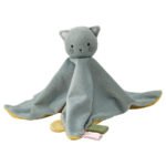GULDVÄVARE Comfort blanket with soft toy, blue yellow/cat