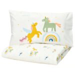 BARNDRÖM Duvet cover and pillowcase, white/multicolour unicorn pattern, 150x200/50x80 cm