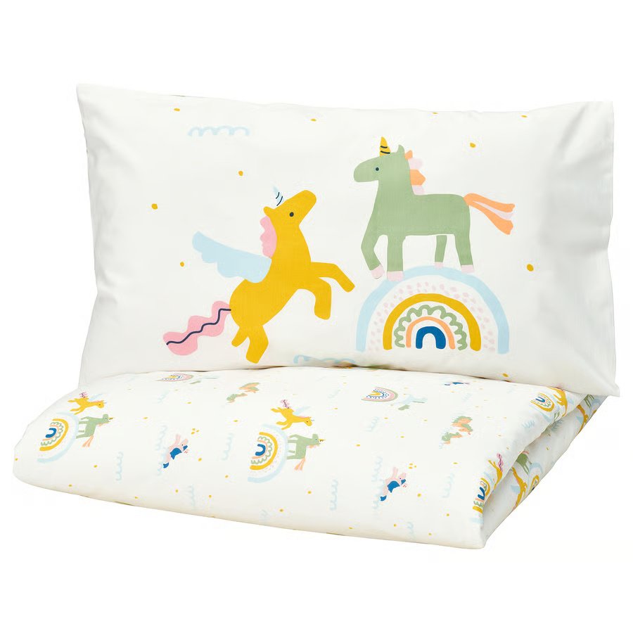 991-1 barndroem-duvet-cover-and-pillowcase-white-multicolour-unicorn-pattern BARNDRÖM Duvet cover and pillowcase, white/multicolour unicorn pattern, 150x200/50x80 cm - Image 1