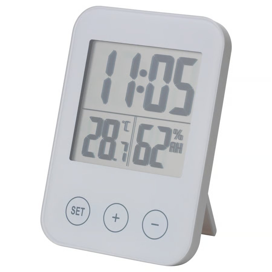1050-1 slattis-clock-with-hygro-thermometer-white SLÅTTIS Clock with hygro-/thermometer, white, 8x12 cm - Image 1